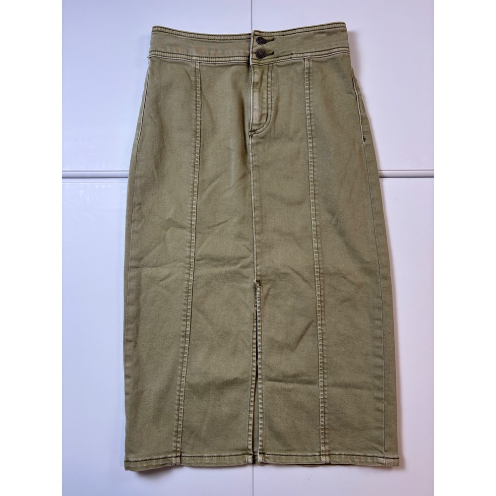 We The Free Free People‎ Peyton Pintuck Denim Olive Pencil Skirt Slit 26